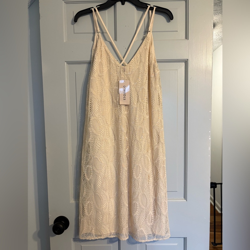 NEW ESQUALO Size 10 Cream Lace Crochet Tank Mini Dress - Picture 2 of 7